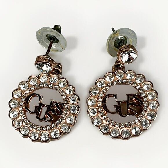 GUESS Women Rose Gold Tone Round Crystals LOGO Design Earrings- Dangle Drop Pair - Picture 3 of 8